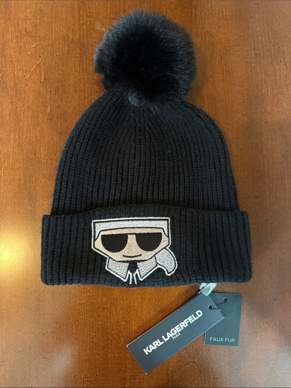Karl Lagerfeld Black Ribbed Pom Pom Beanie with Icon Patch